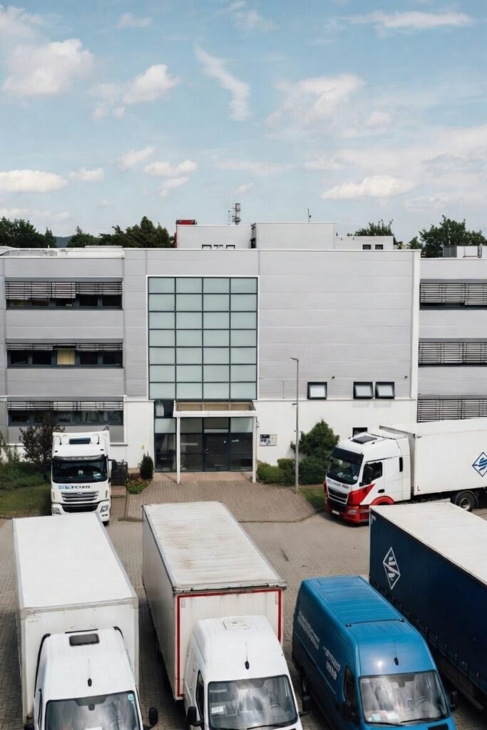 Modern Logistics Warehouse with Trucks Parked